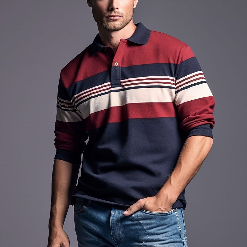 Men's Striped Rugby Polo Shirts Long Sleeve Polo Shirts Zip Casual Outdoor Casual Daily Streetwear 3D Print Fall & Winter Wine Red Navy Blue4