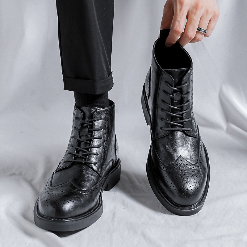 Men's Black Leather Brogue Ankle Boots – Classic Wingtip Lace-Up Dress Boots for Formal and Casual Wear4