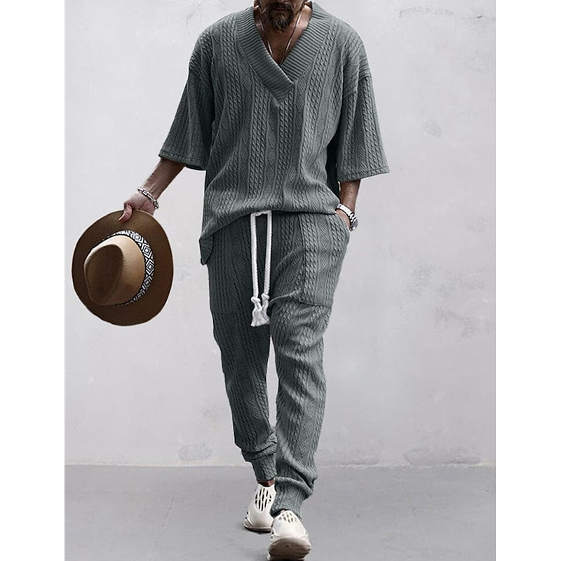 Men's T-shirt Suits Tracksuit Tennis Shirt Tees and Drawstring Long Pants 3/4-Length Sleeve V Neck Spring &  Fall Plain Gymnatics Casual 2 Piece Knitting Vacation Daily Wear Activewear Black White3