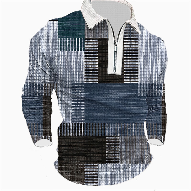 Men's Striped Graphic Prints Geometry Waffle Polo Shirts Polo Shirts Lapel Polo Zip Polo Golf Shirt Long Sleeve Shirt Turndown Outdoor Street Blue Green Khaki Gray Zipper Print Clothing Apparel4