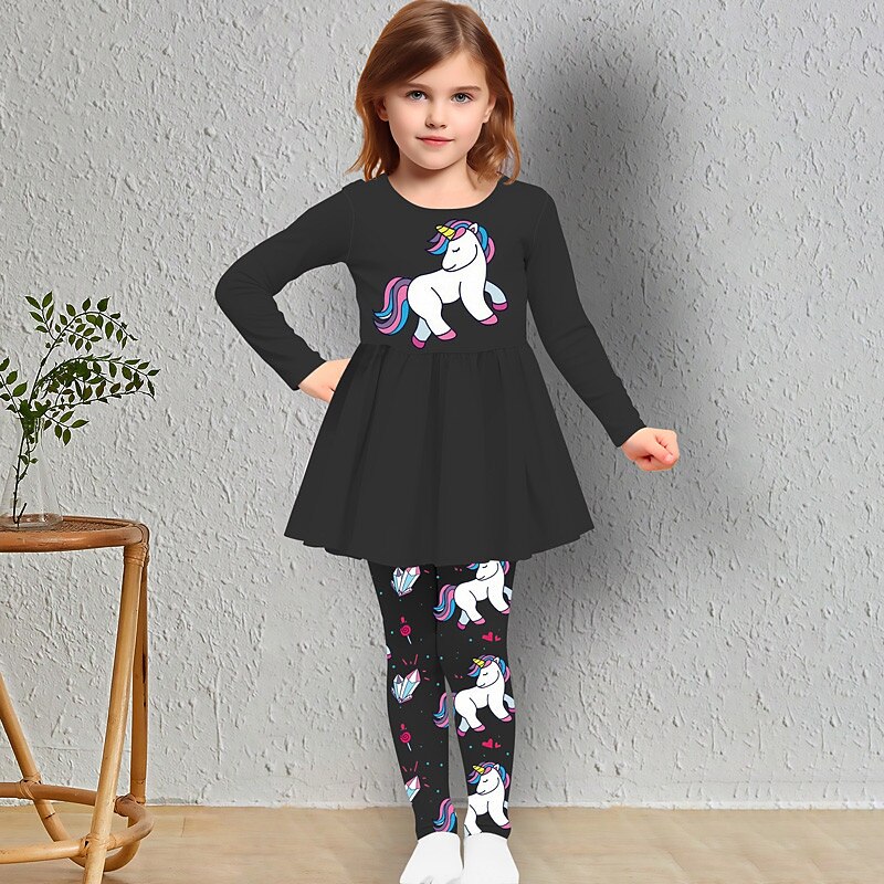 Girls' 3D Unicorn T-shirt & Legging Ruffle Dress Set Long Sleeve 3D Print Fall Winter Active Fashion Daily Kids 3-12 Years Outdoor Vacation Date Regular Fit4