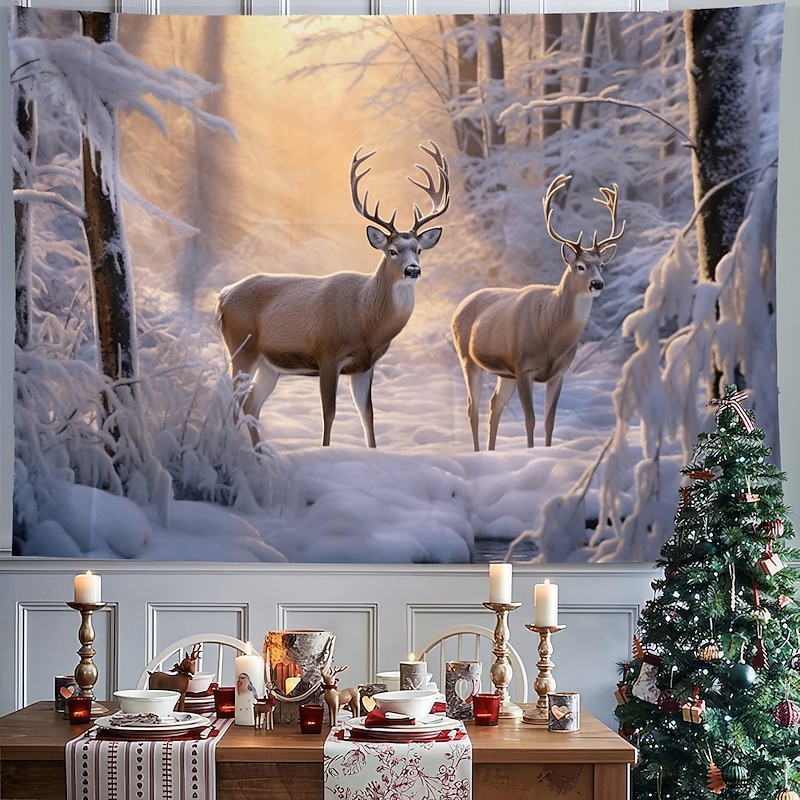 Winter Wonderland Hanging Tapestry Wall Art Large Tapestry Mural Decor Photograph Backdrop Blanket Curtain Home Bedroom Living Room Decoration Snow Reindeer 11