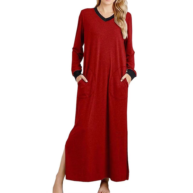 Women's Pajamas Nightgown Nightshirt Dress Patchwork Simple Casual Soft Home Daily Bed Spandex Warm Breathable V Wire Long Sleeve Pocket Summer Spring Home Outfits2