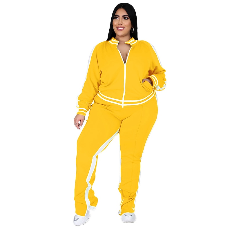 Women's Tracksuit Sweatsuit Drawstring 2 Piece Striped Jacket and Sweatpants Outfit Set Clothing Suit Fall Black Yellow Jogging Training Exercise Thermal Warm Soft Breathable Long Sleeve Sport4