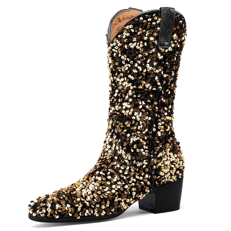 Women's Gold Sequin Western Cowboy Boots with Low Block Heel, Sparkly Party Dance Boots for Rodeos, Country Concerts and Nightclub Outfits3