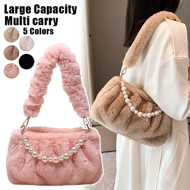 Women's Handbag Shoulder Bag Plush Bag Fluffy Bag Faux Fur Party Valentine's Day Daily Pearls Chain Large Capacity Lightweight Durable Solid Color Black White Pink