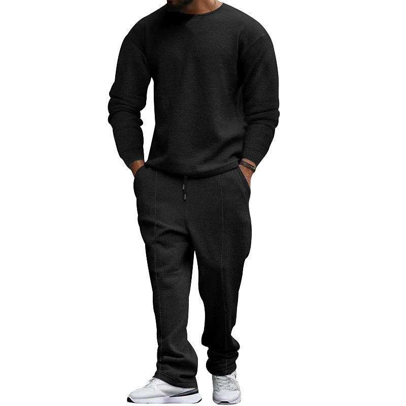 Men's T-shirt Suits Tracksuit Tennis Shirt Tees and Drawstring Long Pants Long Sleeve Crew Neck Spring &  Fall Plain Gymnatics Casual 2 Piece Vacation Daily Wear Activewear Black White Royal Blue Top4