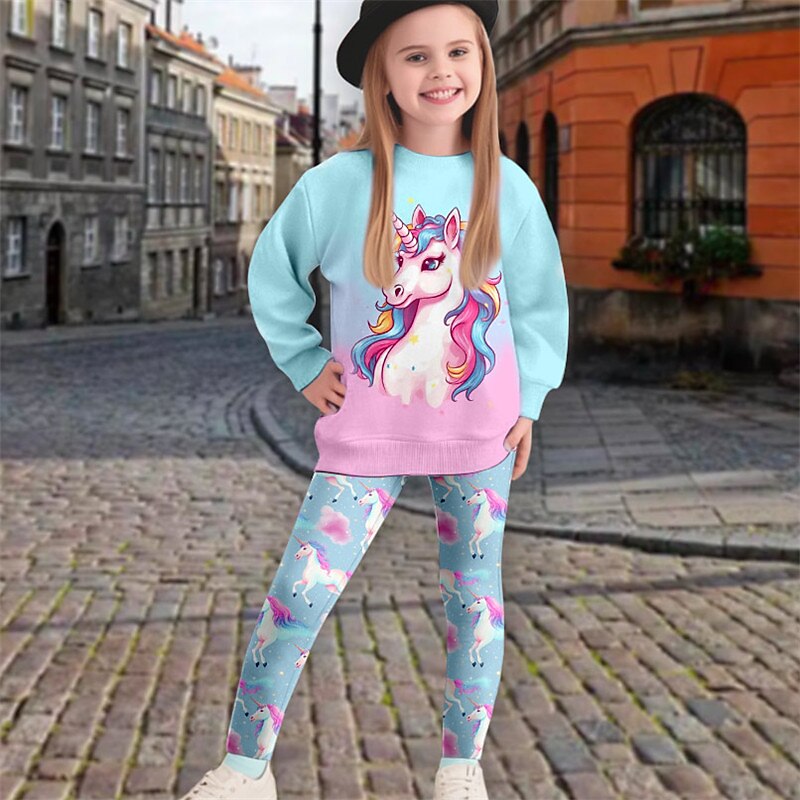 Girls' 3D Cartoon Unicorn Sweatshirt & Legging Set Set Long Sleeve 3D Print Fall Winter Active Fashion Daily Kids 3-12 Years Crew Neck Outdoor Vacation Date Regular Fit2