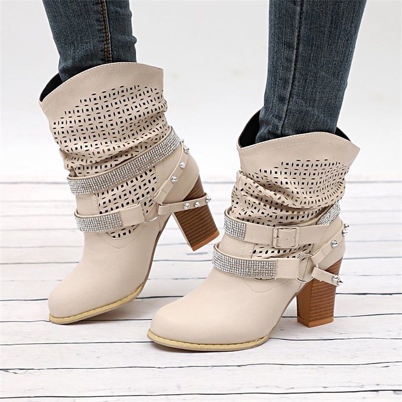 Women's Gray Slouchy Ankle Boots with Studded Straps and Cut-Out Design - Perfect for Casual and Boho-Chic Outfits4