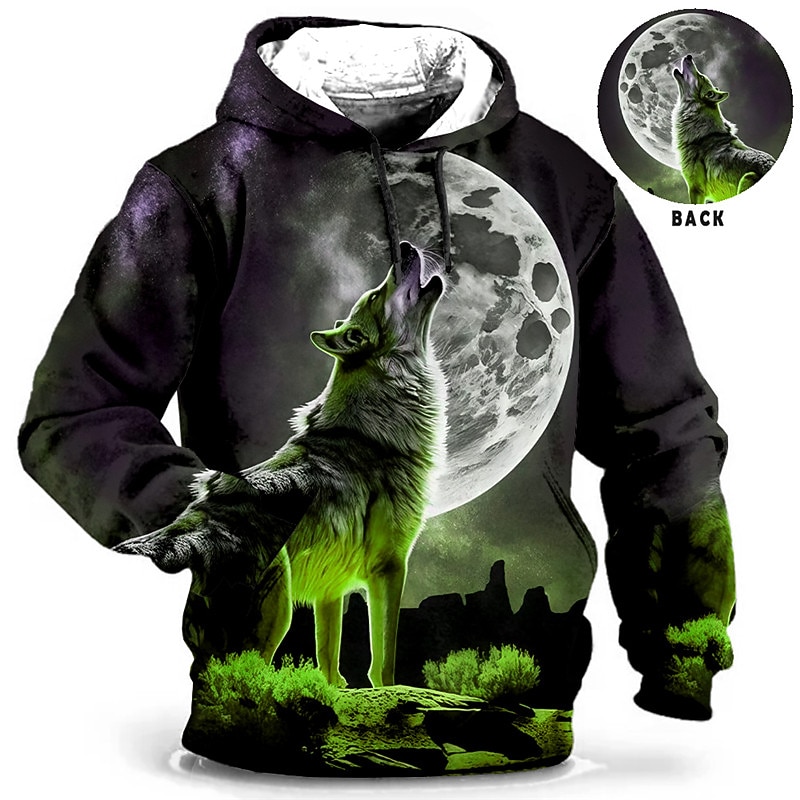 Men's Animal Wolf Graphic Prints Hoodie Hoodies Sweatshirt Daily Classic Long Sleeve Hooded Holiday Going out Streetwear Blue Orange Print Spring &  Fall Designer3