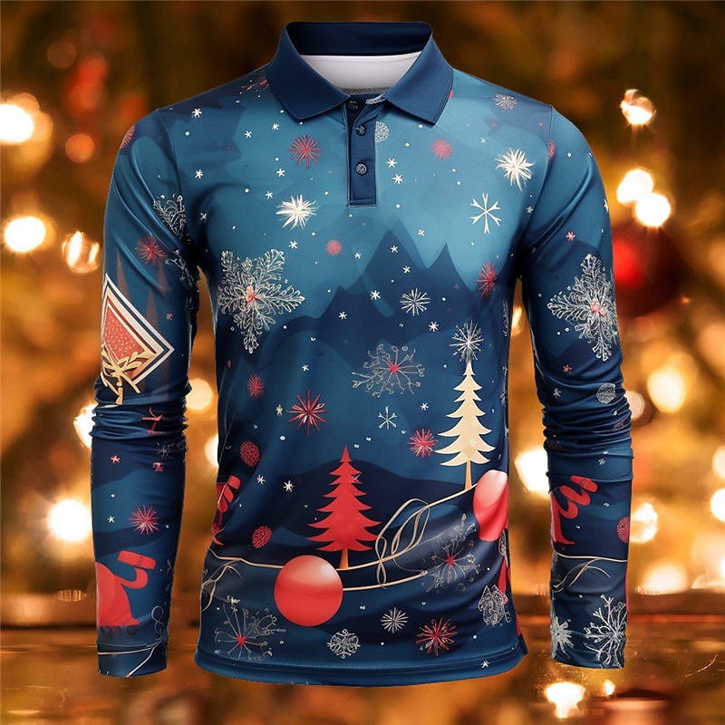 Christmas Men's Santa Claus 3D Polo Santa Claus Elk Casual Print 3D Golf Outdoor Casual Daily Streetwear Polyester Long Sleeve Turndown Shirts Dark Navy Ocean Blue Fall & Winter S M L Micro-elastic2