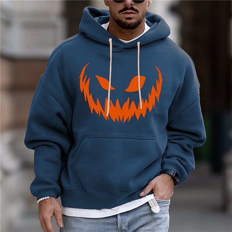 Men's Pumpkin Graphic Prints Hoodie Hoodies Sweatshirt Daily Classic Long Sleeve Hooded Halloween Holiday Going out Black Blue Print Spring &  Fall Designer3