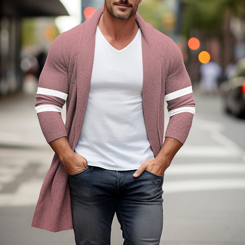 Men's Sweater Cardigan Sweater Ribbed Knit Tunic Knitted Striped Open Front Warm Ups Modern Contemporary Daily Wear Going out Clothing Apparel Winter Black Pink S M L4