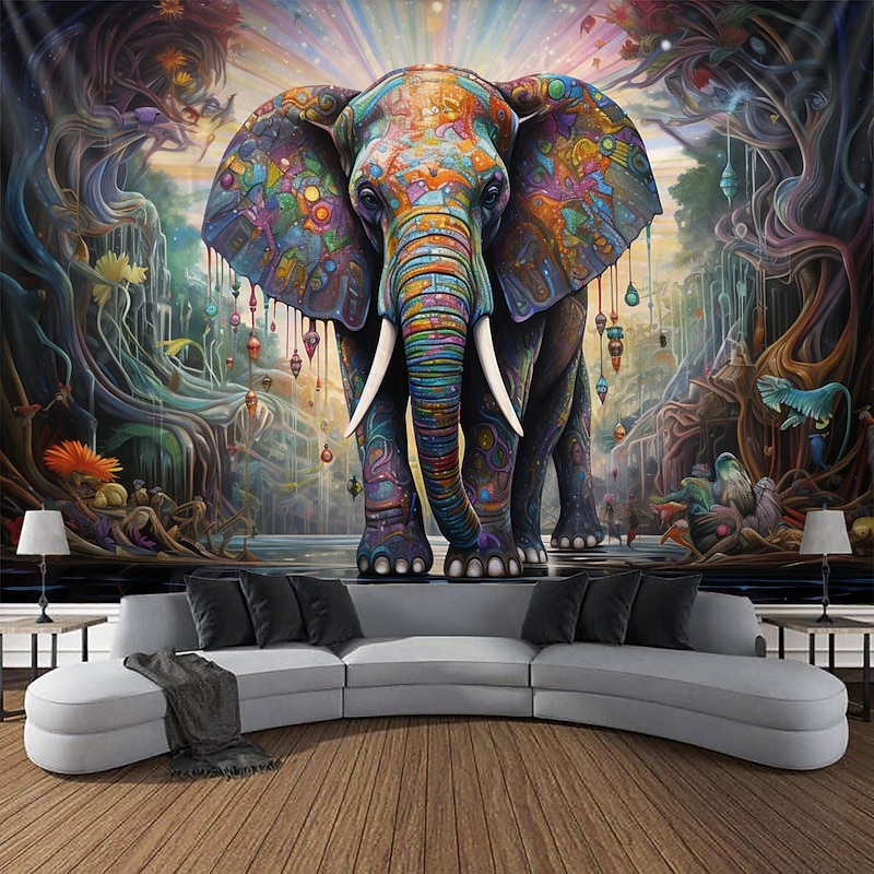 Painting Colorful Elephant Boho Hanging Tapestry Wall Art Large Tapestry Mural Decor Photograph Backdrop Blanket Curtain Home Bedroom Living Room Decoration