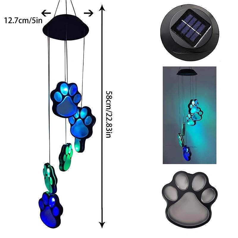Solar Wind Chime Claw Print Lights, Outdoors Solar Hanging Lights, Solar Garden Light, Dog Footprints Decorated For Birthday Holiday Gifts, Waterproof Color-changing Wind Chime Plum Claw Prints Garden3