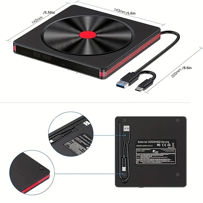Portable USB 3.0 Type-C CD/DVD Drive with Protective Carrying Case - Compatible with Windows 11/10/8/7 Mac MacBook Pro/Air3