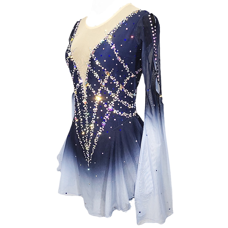 Figure Skating Dress Women's Girls' Ice Skating Dress Blue+Light Blue Patchwork Open Back Mesh Spandex Stretchy Training Practice Professional Skating Wear Crystal / Rhinestone Long Sleeve Figure3