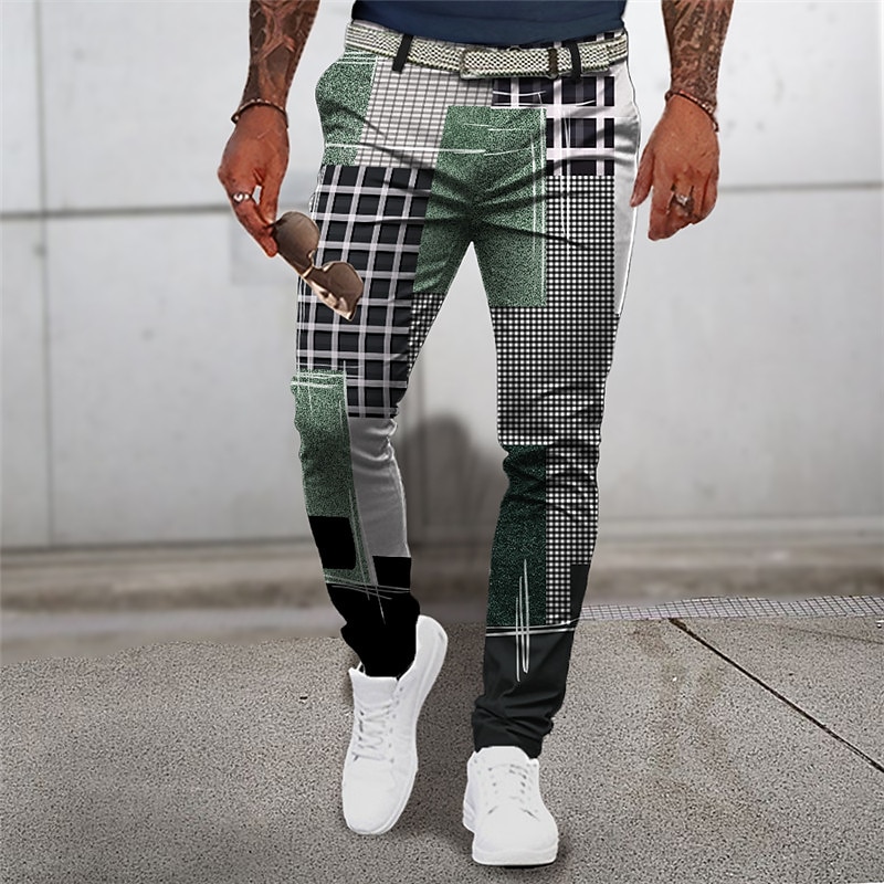Plaid Geometry Casual Men's 3D Print Pants Trousers Outdoor Daily Wear Streetwear Polyester Blue Brown Green S M L Medium Waist Elasticity Pants4