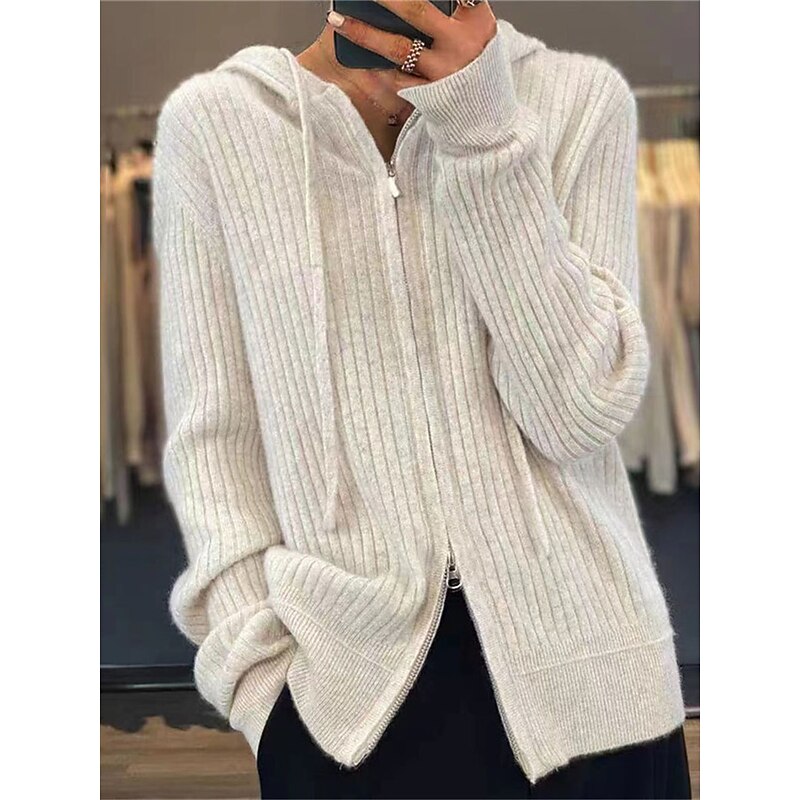 Women's Cardigan Sweater Stylish Casual Soft Solid Color Ribbed Hooded Zipper Long Sleeve Regular Tops Knit Outdoor Daily Going out Black Camel Fall Winter2