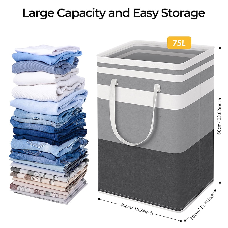 Large Laundry Basket Waterproof Freestanding Laundry Hamper Collapsible Tall Clothes Hamper with Extended Handles for Clothes Toys in the Dorm and Family-(Gradient Grey 75L)2