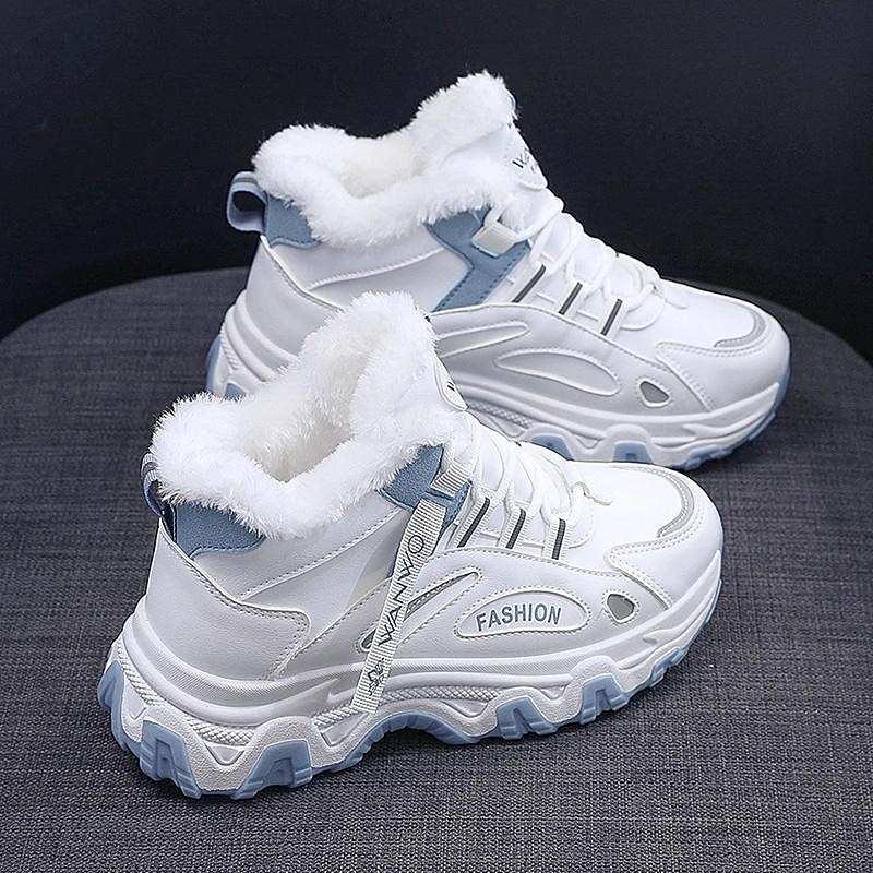 Women's White Winter Sneakers with Plush Lining and Chunky Sole - Warm High-Top Athletic Shoes for Cold Weather