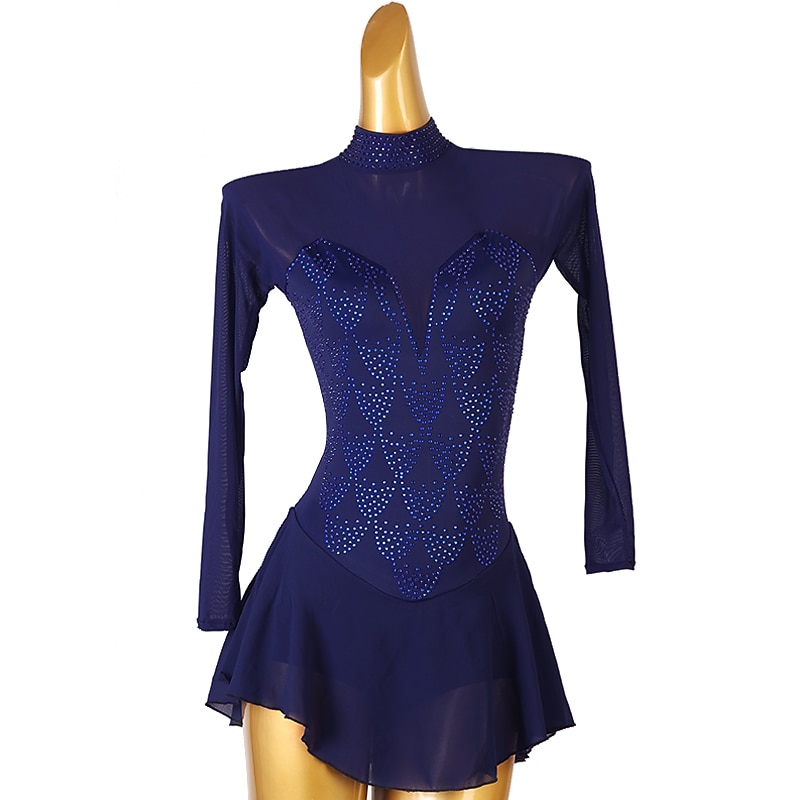 Figure Skating Dress Women's Girls' Ice Skating Dress Dark Navy Patchwork Open Back Mesh High Elasticity Training Competition Skating Wear Classic Long Sleeve Ice Skating Figure Skating2