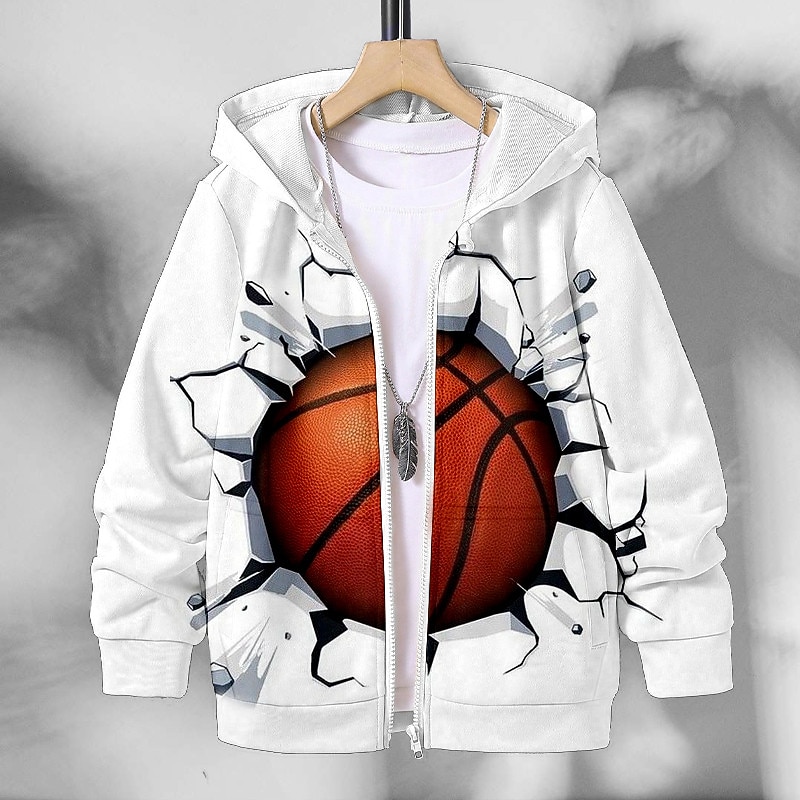 Boys 3D Basketball Hoodie Coat Outerwear Long Sleeve 3D Print Fall Winter Fashion Streetwear Cool Polyester Kids 3-12 Years Outdoor Casual Daily Regular Fit3