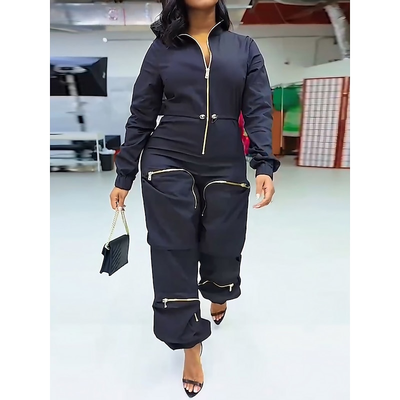 Women's Normal Jumpsuit Streetwear Solid Color Sleeveless Shirt Collar Zipper Pocket Street Daily Regular Fit Black White Fall