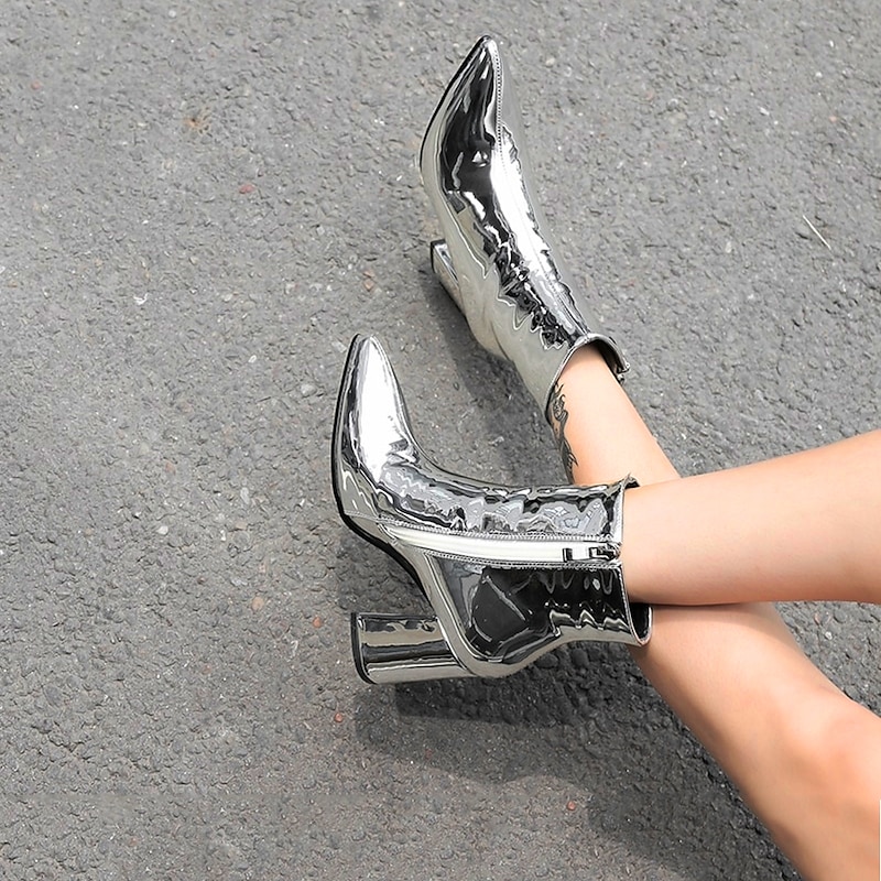 Women's Silver Metallic Ankle Boots with Faux Fur Lining, Pointed Toe and Block Heel, Warm Fashion Short Boots for Autumn Winter Party and Night Out2