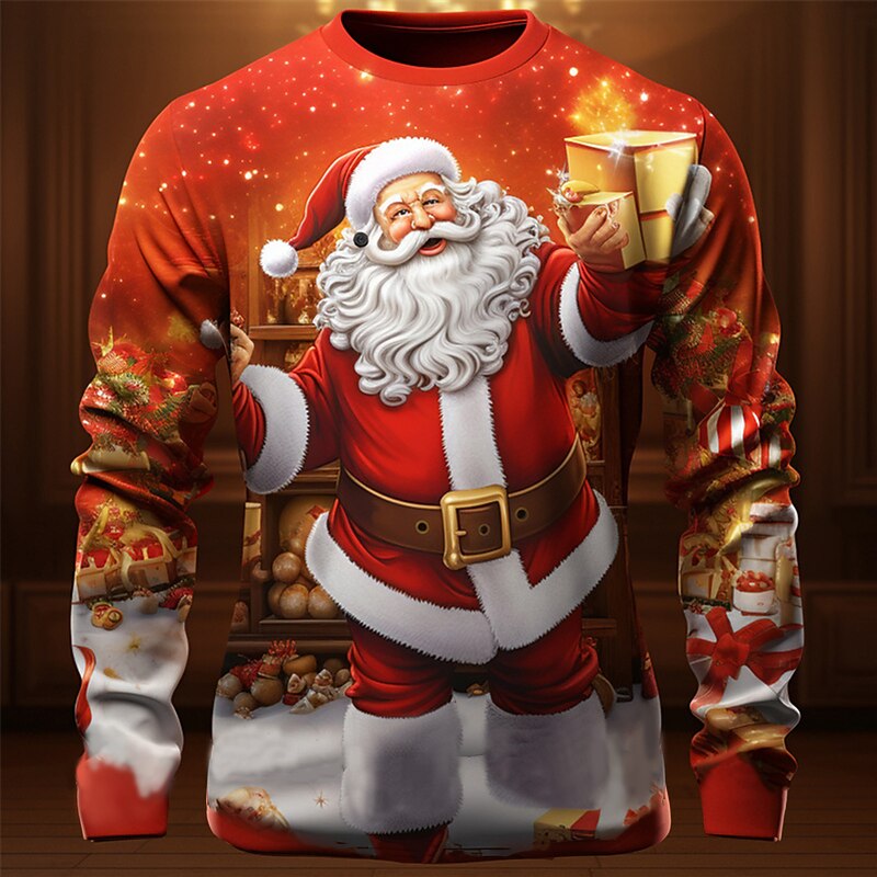 Christmas Men's Graphic Santa Claus T Shirt Long Sleeve T shirt 3D Print Crew Neck Shirt Fashion Designer Casual Sports Outdoor Holiday Going out Light Green Red Dark Green Spring &  Fall Clothing