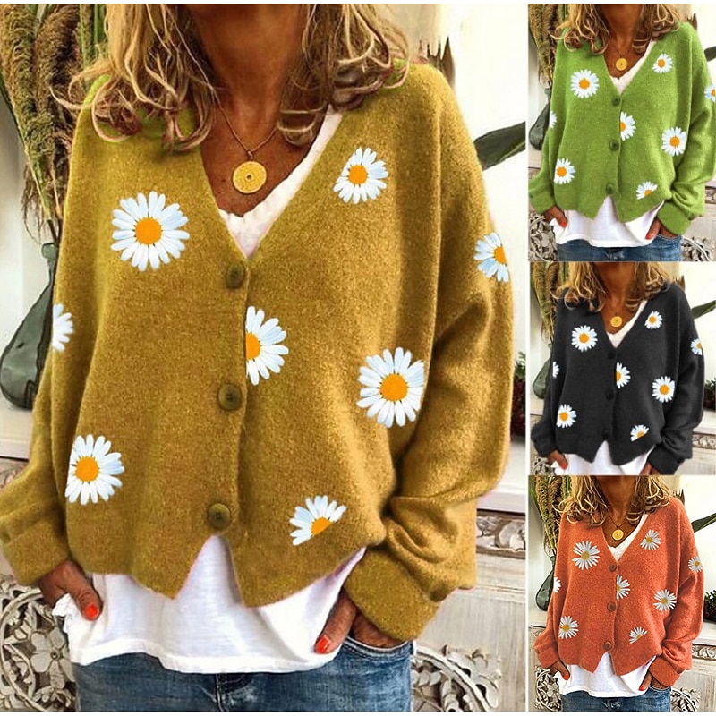 Women's Cardigan Sweater Elegant Stylish Casual Daisy Maillard Ribbed Open Front Patchwork Embroidery Long Sleeve Regular Tops Knit Daily Black Yellow Winter