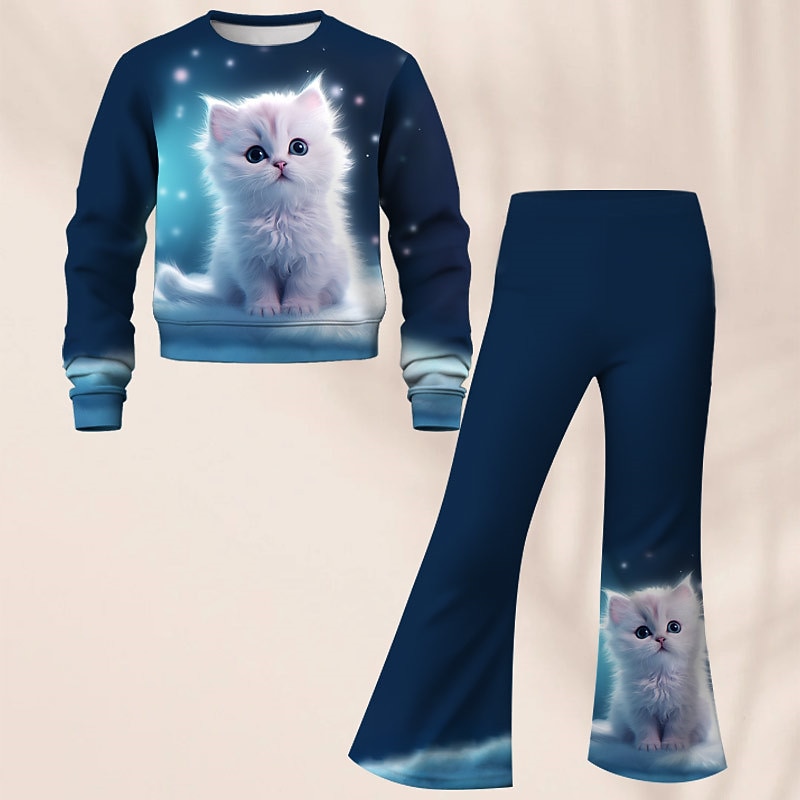 Girls' 3D Galaxy Cat Set Sweatshirt & Flare Pants Set Long Sleeve 3D Print Fall Winter Active Fashion Daily Kids 4 years+ Crew Neck Outdoor Vacation Date Regular Fit4