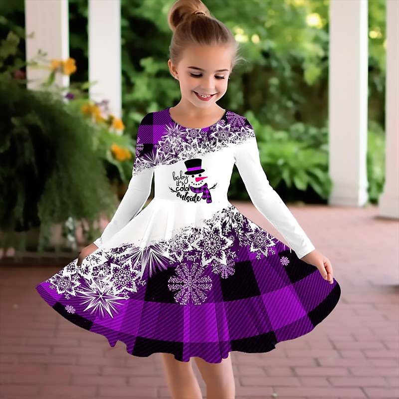 Girls' 3D Plaid Snowman Snowflake Dress Snowflake Dress Long Sleeve 3D Print Fall Winter Vacation Sports & Outdoor Daily Cute Casual Beautiful Kids 3-12 Years Casual Dress A Line Dress Above Knee