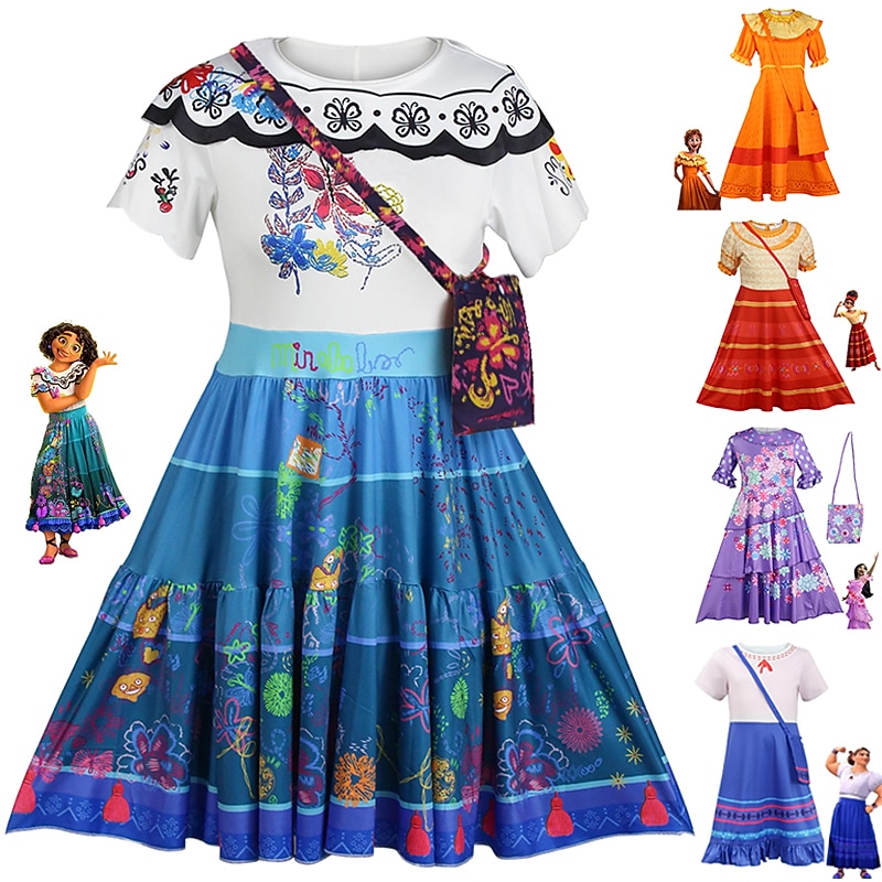 Girls' Encanto Dress with Bags Mirabel Isabela Luisa Madrigal Cosplay Costume Flower Girl Dress Vacation Dress Cute Movie Cosplay Outfit Children's Day Halloween Masquerade World Book Day Costumes