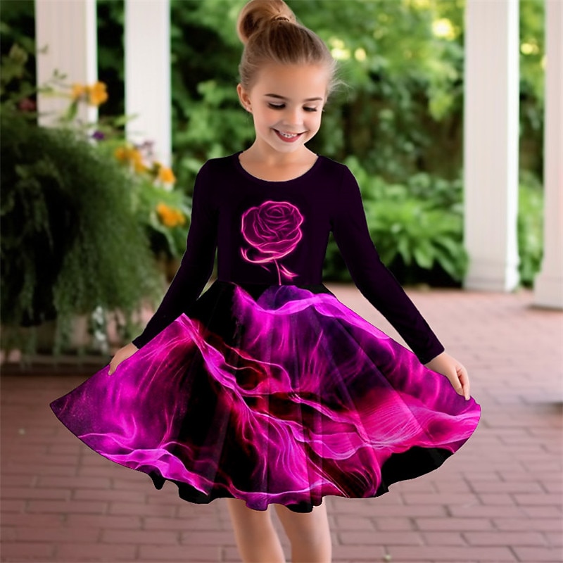 Girls' 3D Rose Dress Long Sleeve 3D Print Fall Winter Vacation Sports & Outdoor Daily Cute Casual Beautiful Kids 3-12 Years Casual Dress A Line Dress Above Knee Regular Fit4