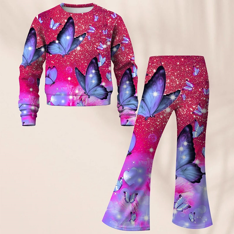 Girls' 3D Butterfly Set Sweatshirt & Flare Pants Set Long Sleeve 3D Print Fall Winter Active Fashion Daily Kids 3-12 Years Crew Neck Outdoor Vacation Date Regular Fit3