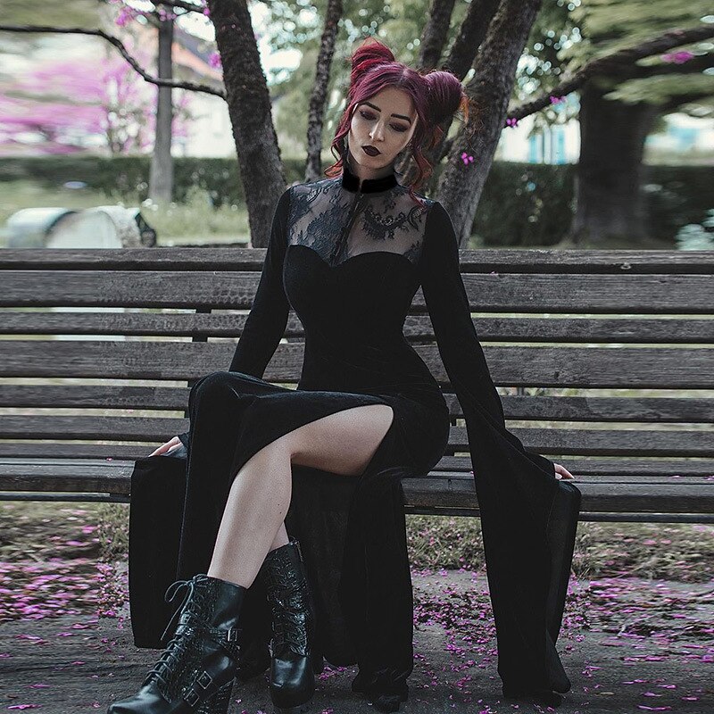 Punk & Gothic Sexy Costume Dress Cosplay Costume Slit Dresses Bell Sleeve Witch Morticia Addams Lace Fancy Dress Women's Fantasy Walpurgis Night Halloween Carnival Masquerade Party / Evening Club3