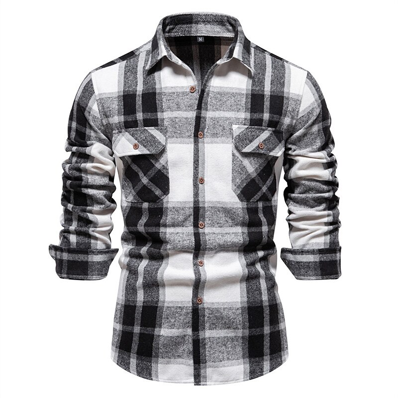 Men's Shirt Flannel Shirt Plaid Shirt Shirt Jacket Overshirt Shacket Plaid / Check Outdoor Daily Wear Light Blue White Navy Blue Green Long Sleeve Lapel Fall & Winter Clothing Apparel Pocket2