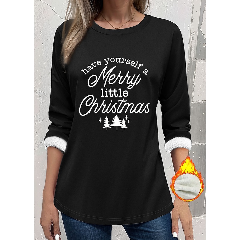 Women's Fleece Lined Pullover Sweatshirt Pajamas Christmas Tree Letter Warm Fuzzy Long Sleeve Round Neck Crewneck Long Tops Christmas Casual Black Red Gray Fall & Winter2