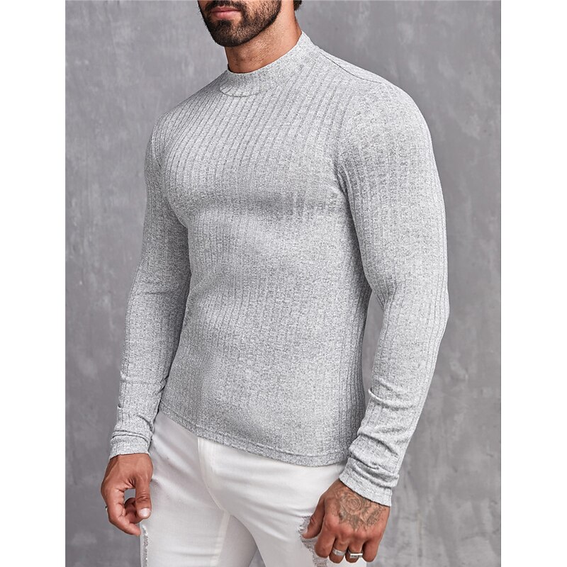 Men's T Shirt Tee Top Long Sleeve Shirt Long Sleeve Stand Collar Spring &  Fall Plain Pit Strip Fashion Designer Basic Knitted Ribbed Vacation Street Going out Light Grey Top Tee for Men2