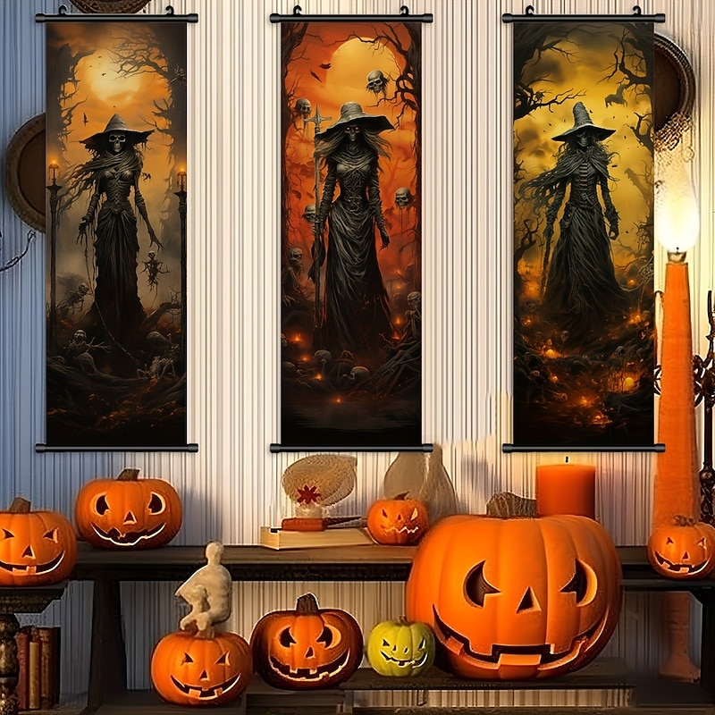 1pc Halloween Poster with Hangers Courtyard Skeleton Ghost Pumpkin Bat Party Witch Painting Lantern Enchantress Wall Art Canvas Posters Art For Home Living Room Decoration Wall Art Decor2