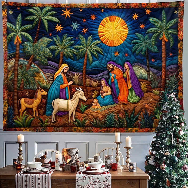 Christmas Decorations Nativity Scene Jesus Baptism Hanging Tapestry Quilting Pattern Wall Art Xmas Large Tapestry Mural Decor Photograph Backdrop Blanket Curtain Home Bedroom Living Room Decoration