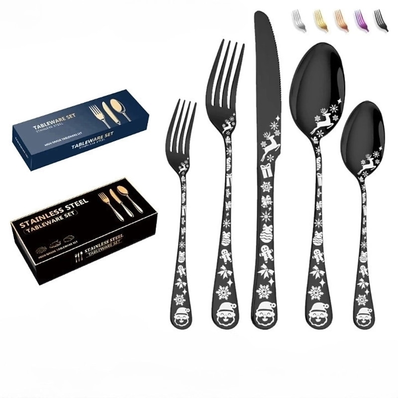 20/40 Piece Christmas Tableware Set for 8, Black Flatware set Service for 8,Unique Christmas Tree Snowflake Pattern DesignSatin Finish Cutlery for 8,Dishwasher Safe