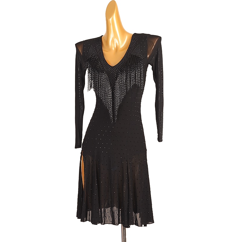 Latin Dance Dress Beading Tassel Splicing Women's Performance Training Long Sleeve Chinlon Mesh Spandex4