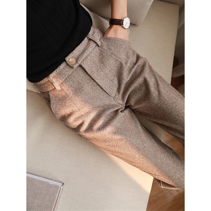 Women's Dress Pants Skinny Fleece Pants Fashion Streetwear Work Ankle-Length High Waist Striped Pocket Breathability Comfortable Micro-elastic Office Work Street Black ash-colored Apricot Beige Fall3
