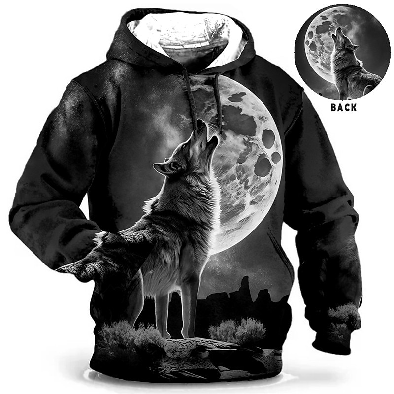 Men's Animal Wolf Graphic Prints Hoodie Hoodies Sweatshirt Daily Classic Long Sleeve Hooded Holiday Going out Streetwear Blue Orange Print Spring &  Fall Designer4