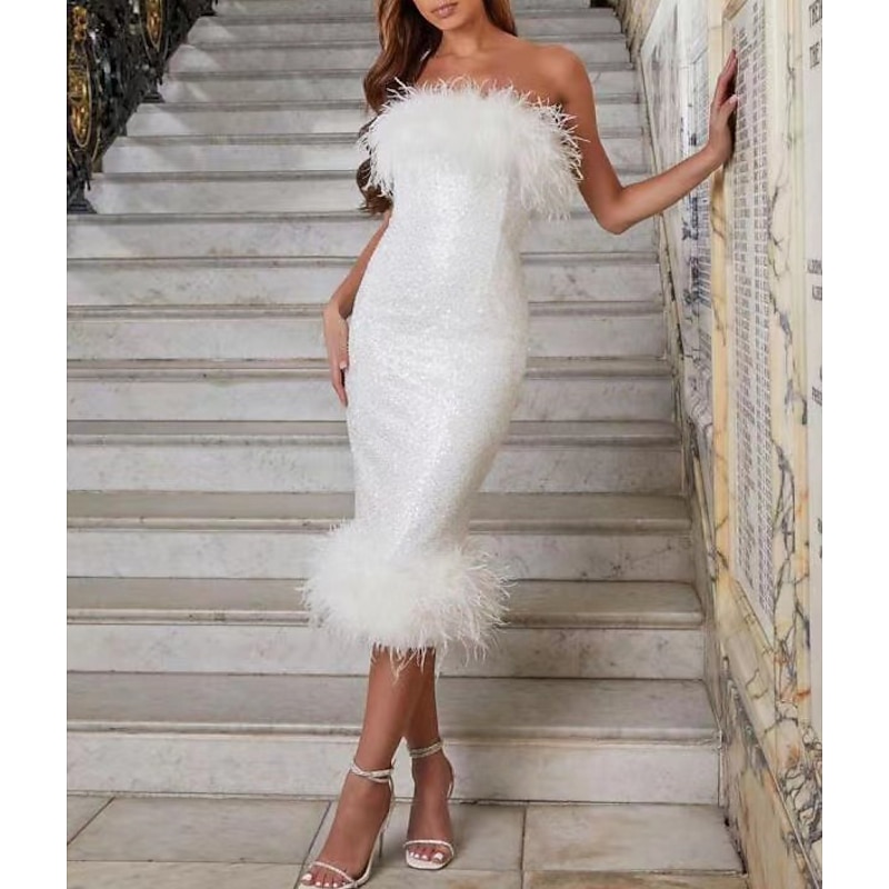 Sheath Cocktail Dresses Sequin Dress Wedding Guest Party Wear Tea Length Sleeveless Strapless with Feather Masquerade Dress2
