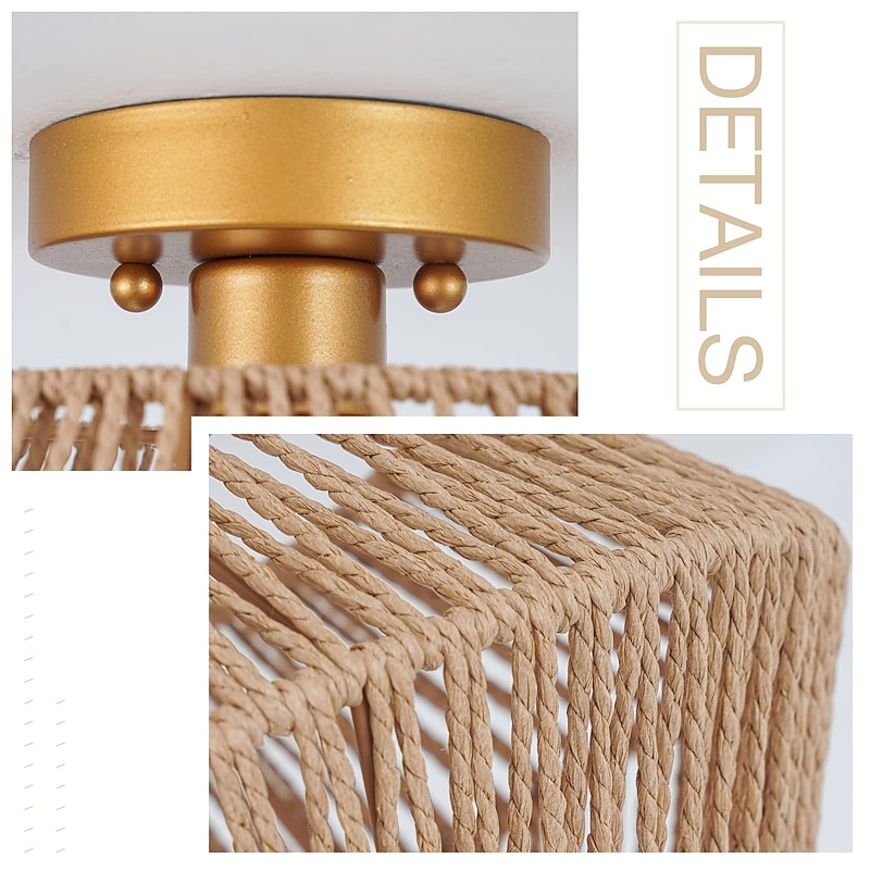 Rattan Semi-Flush Mount Ceiling Light with Brass Canopy, 11 Inch Semi-Flush Mount Lamp with Hand-Woven Rope Shade, Bohemian Ceiling Light for Hallway, Bedroom, Kitchen, Entryway 110-240V2