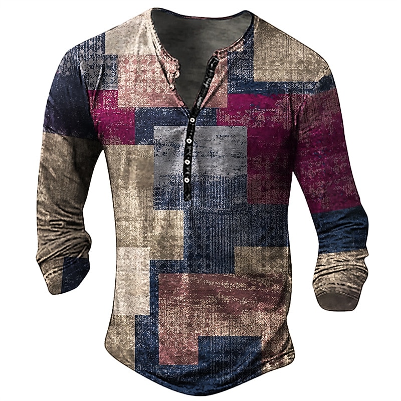 Men's Graphic Patchwork Henley Shirt Long Sleeve 3D Print Fashion Daily Casual Casual Holiday Going out Spring &  Fall Blue Brown Green Dark Blue Henley Henley T-Shirt4