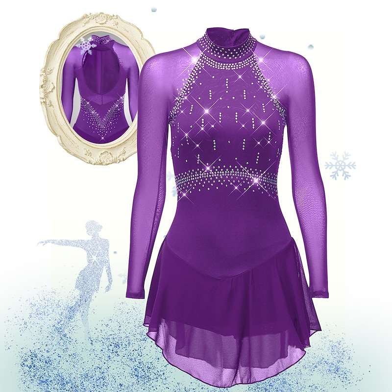 Figure Skating Dress Women's Girls' Ice Skating Dress Purple Dark Purple Black Mesh Spandex High Elasticity Competition Skating Wear Anatomic Design Quick Dry Handmade Classic Crystal / Rhinestone